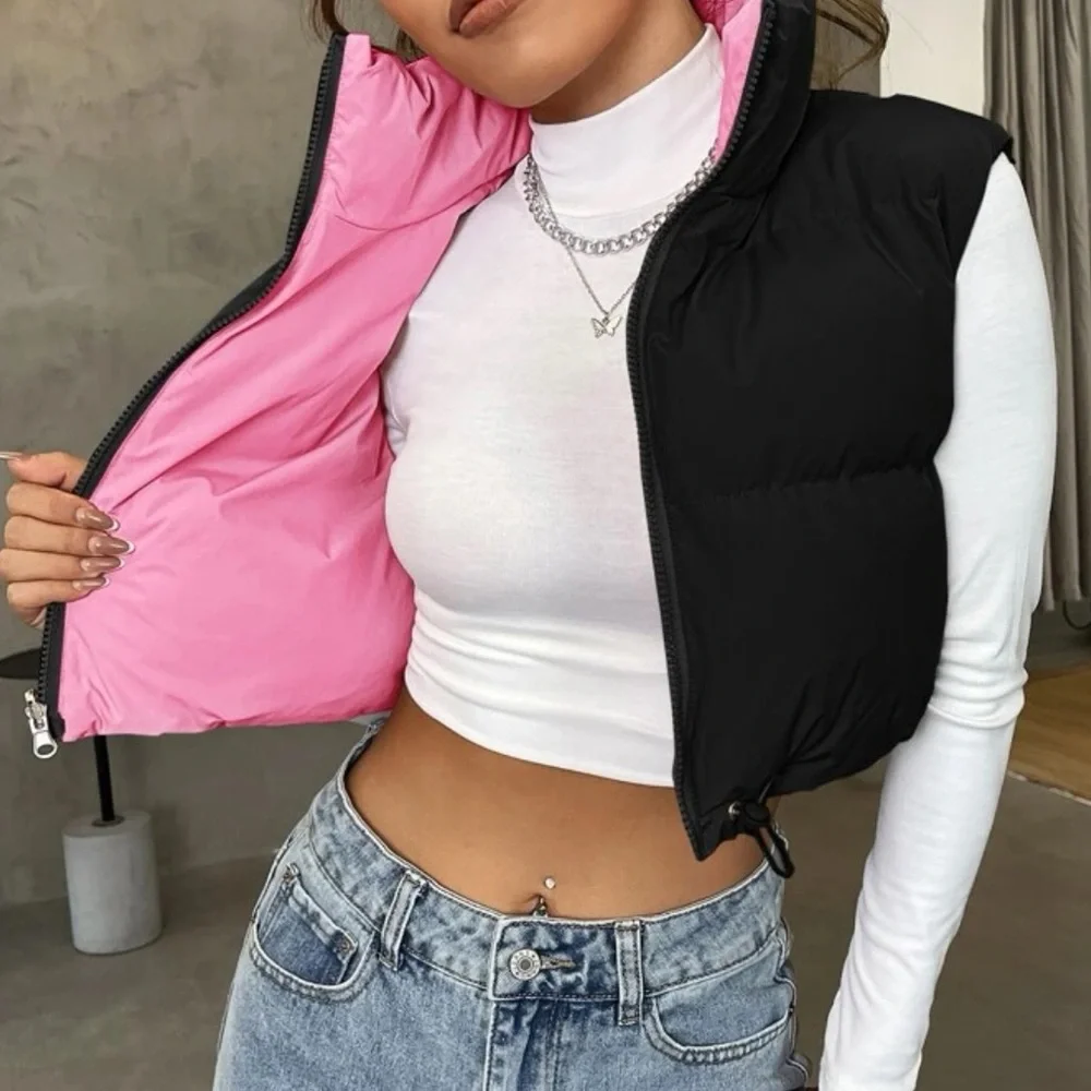 Black zip up reversible drawstring puffer vest - Picture 2 of 5